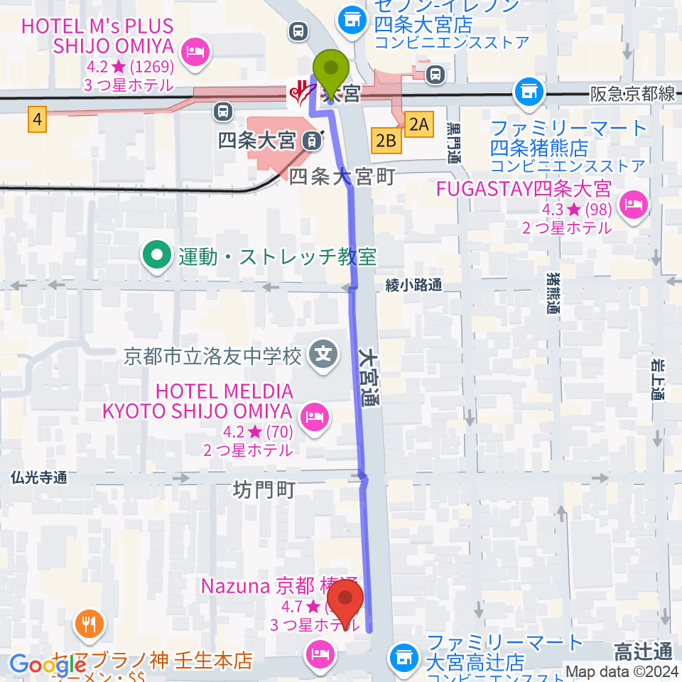 京都 夜想の最寄駅大宮駅からの徒歩ルート（約6分）地図