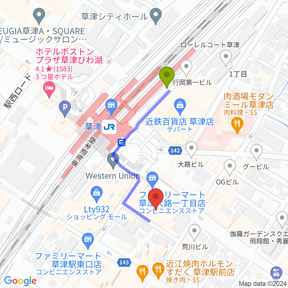 JEUGIAカルチャーセンター くさつ平和堂の最寄駅草津駅からの徒歩ルート（約3分）地図