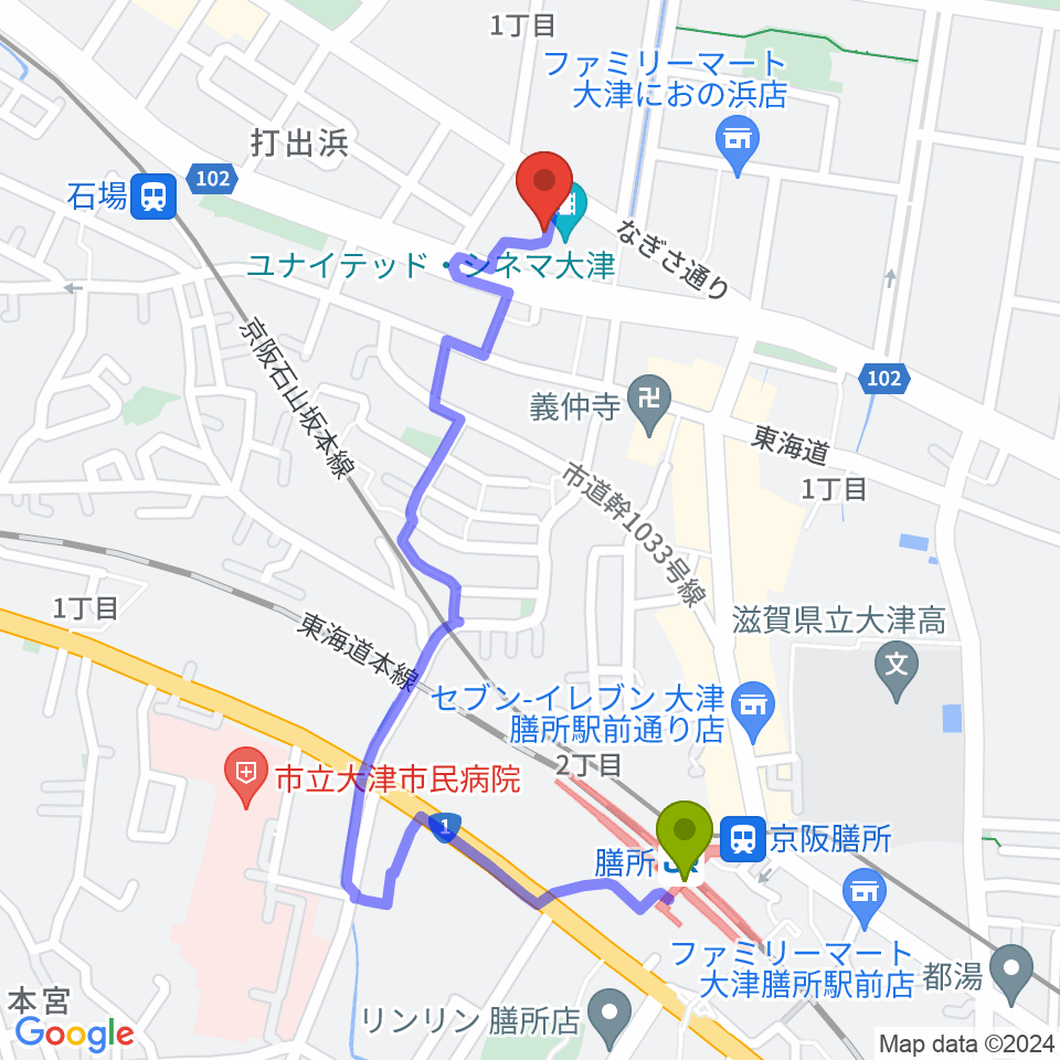 膳所駅からJEUGIAカルチャーセンター大津テラスへのルートマップ地図
