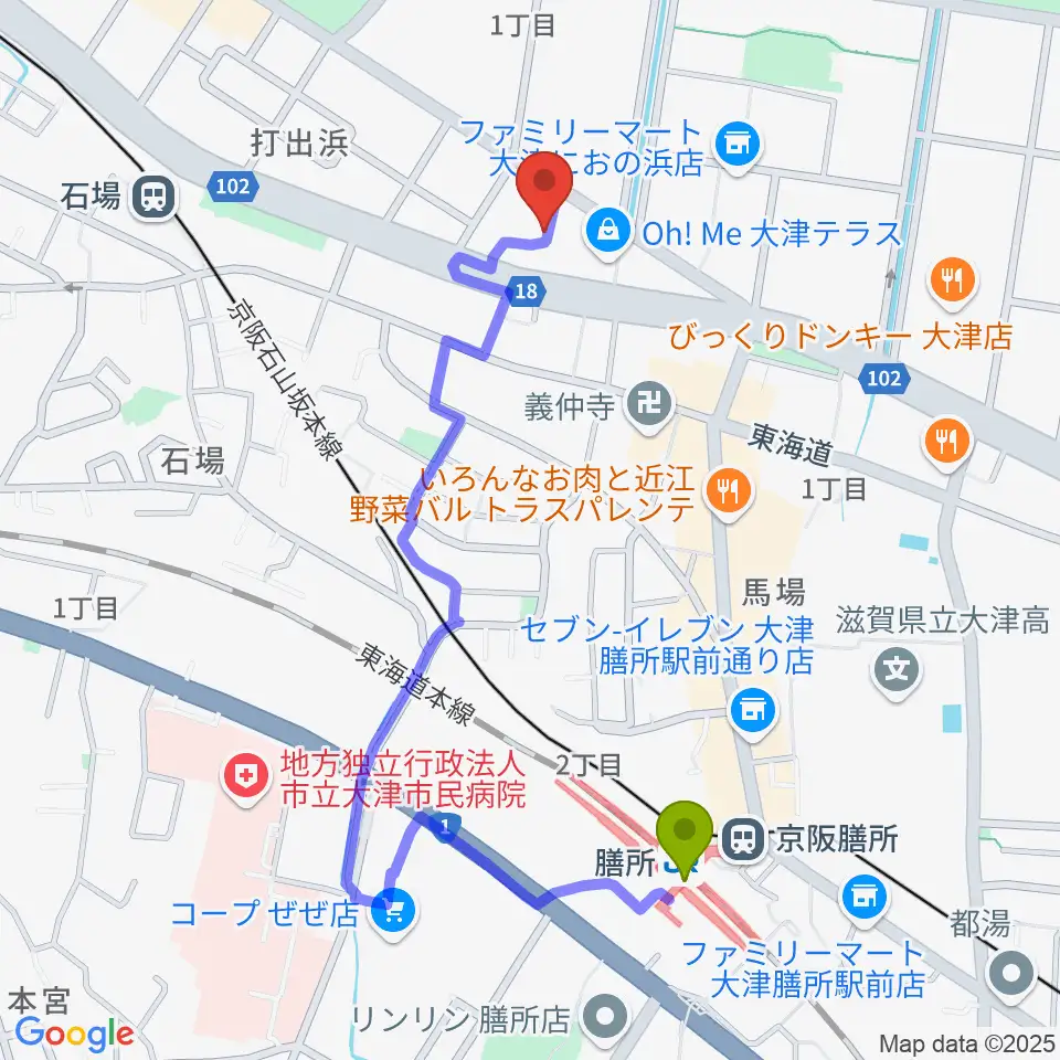 膳所駅からJEUGIAカルチャーセンター大津テラスへのルートマップ地図