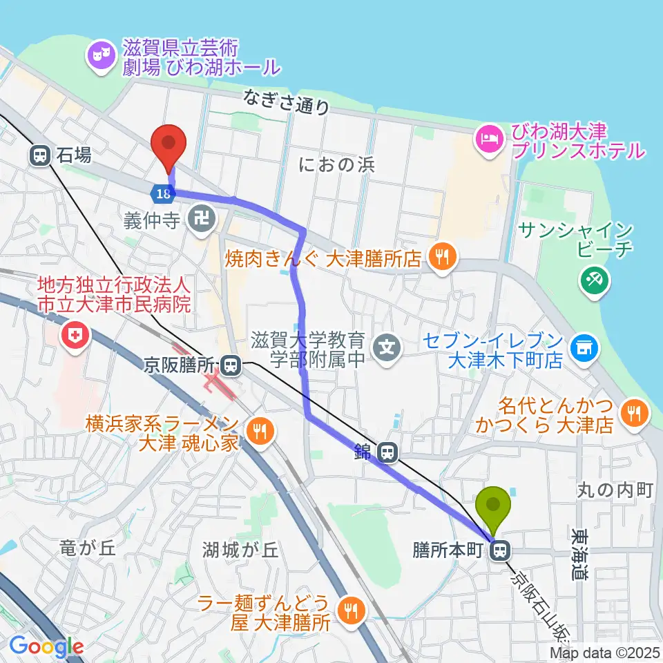 膳所本町駅からJEUGIAカルチャーセンター大津テラスへのルートマップ地図