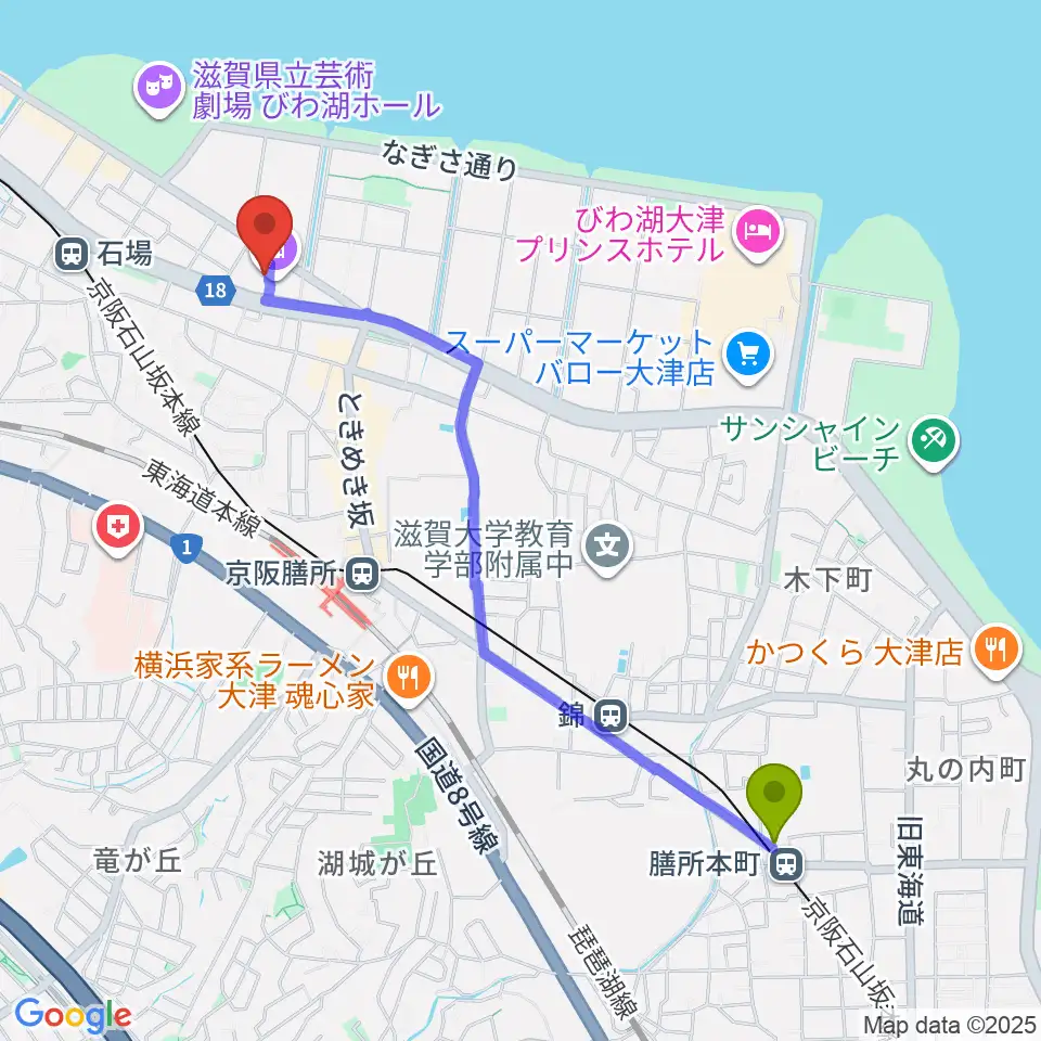 膳所本町駅からJEUGIAカルチャーセンター大津テラスへのルートマップ地図