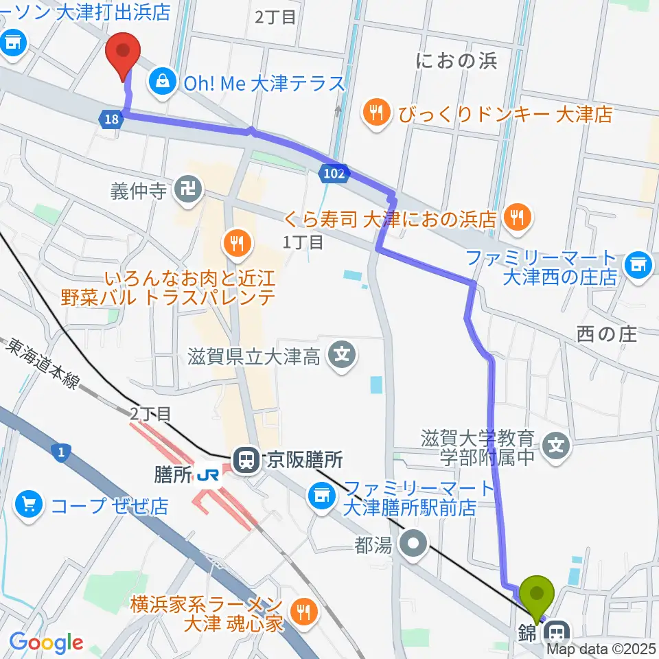 錦駅からJEUGIAカルチャーセンター大津テラスへのルートマップ地図