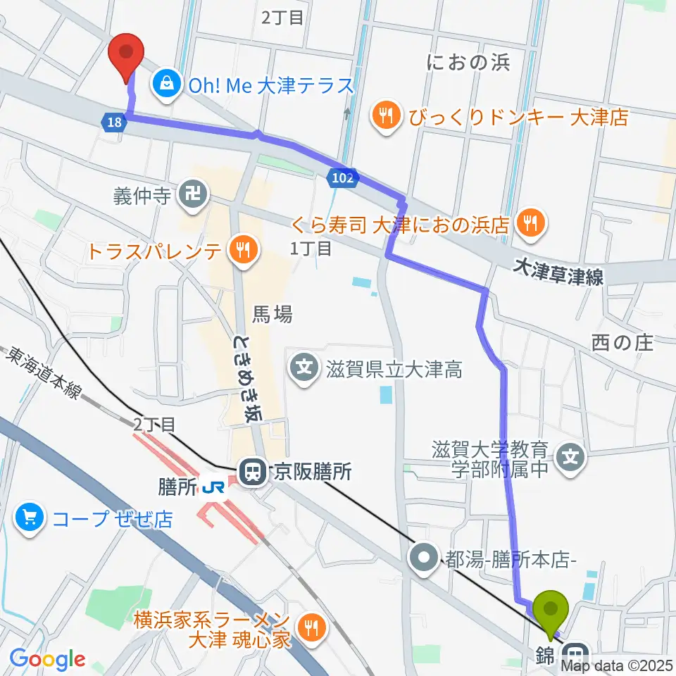 錦駅からJEUGIAカルチャーセンター大津テラスへのルートマップ地図