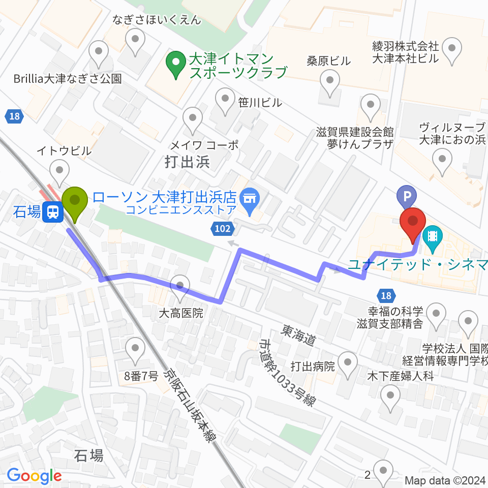 JEUGIAカルチャーセンター大津テラスの最寄駅石場駅からの徒歩ルート（約5分）地図