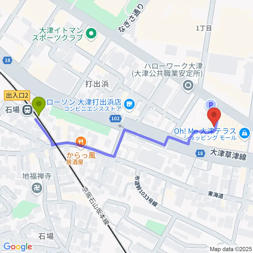 JEUGIAカルチャーセンター大津テラスの最寄駅石場駅からの徒歩ルート（約5分）地図