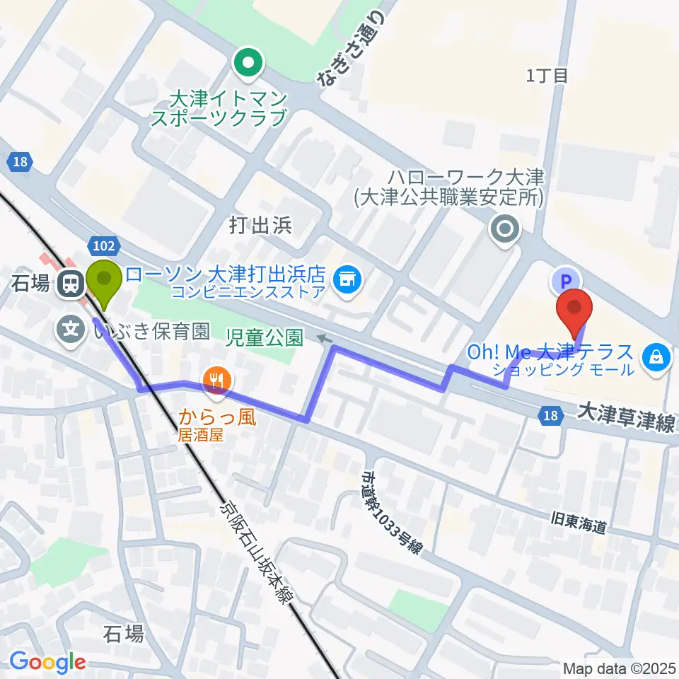 JEUGIAカルチャーセンター大津テラスの最寄駅石場駅からの徒歩ルート（約5分）地図