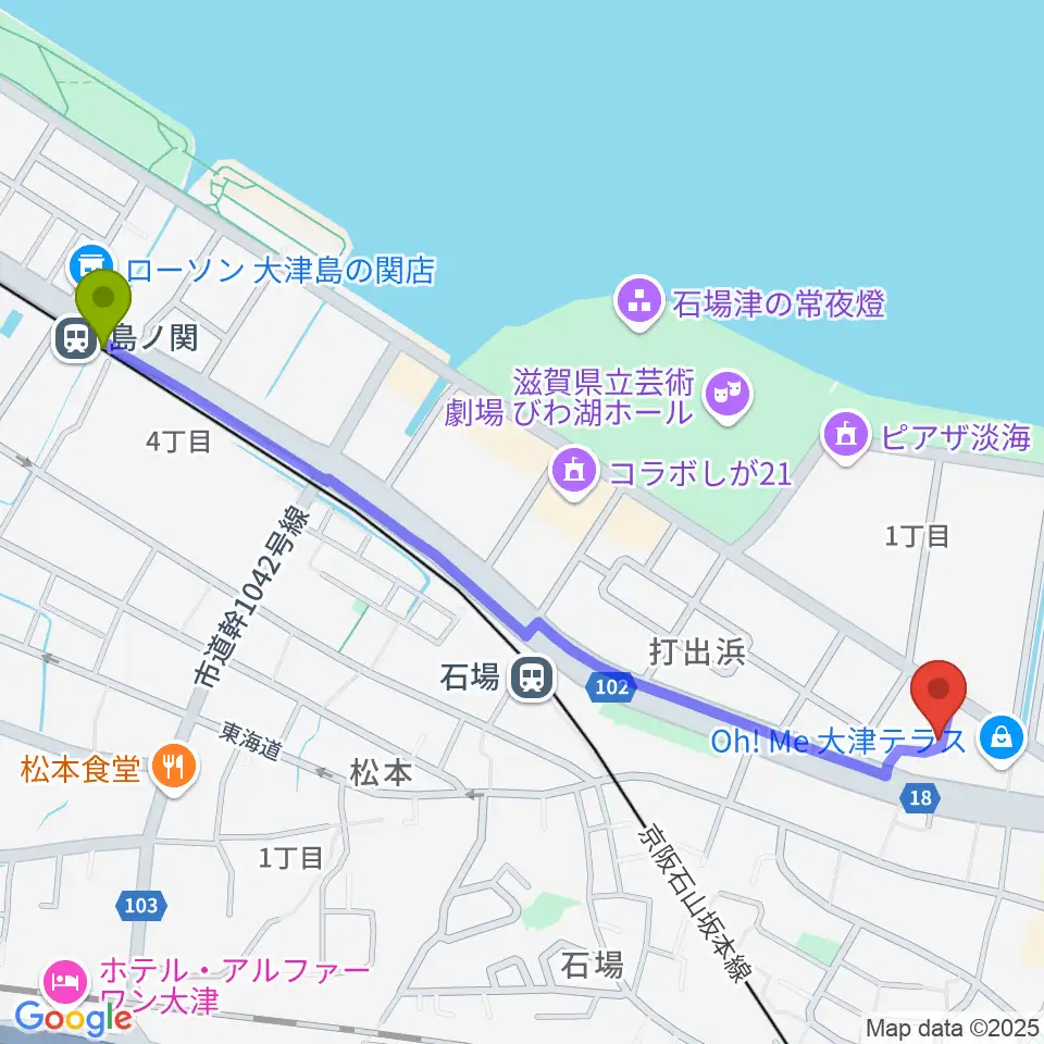 島ノ関駅からJEUGIAカルチャーセンター大津テラスへのルートマップ地図