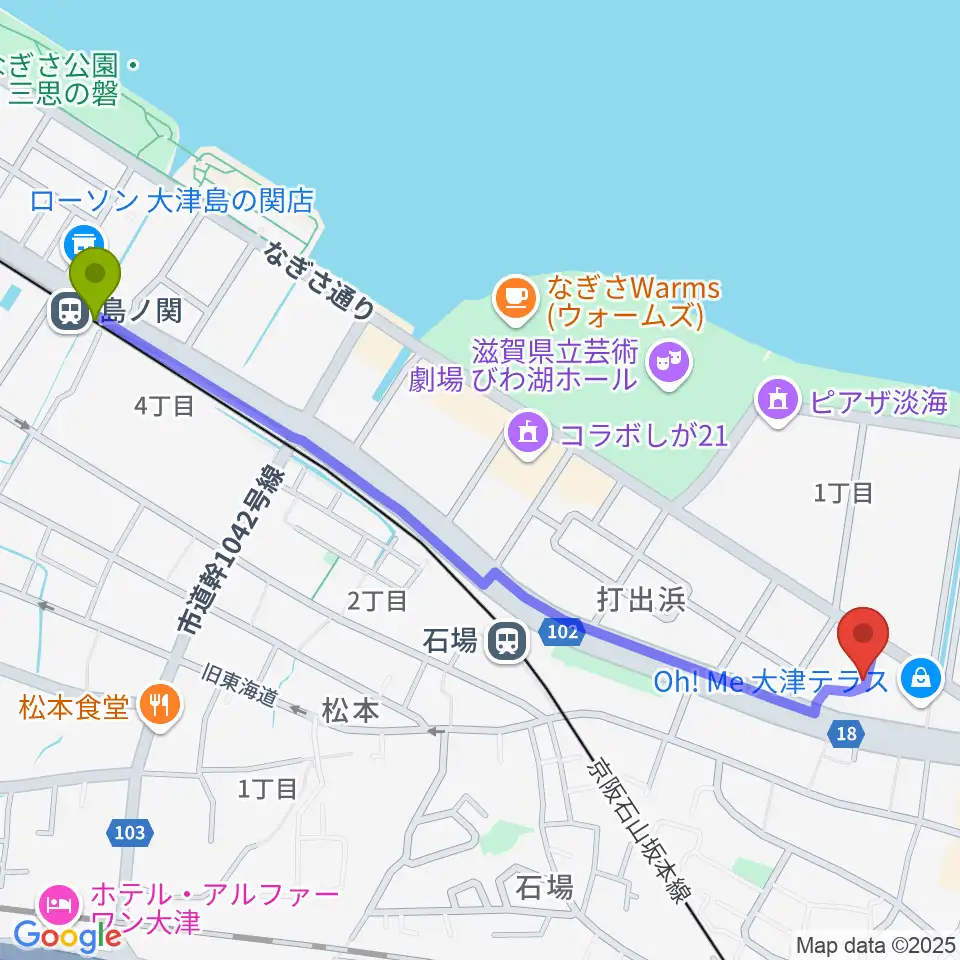島ノ関駅からJEUGIAカルチャーセンター大津テラスへのルートマップ地図