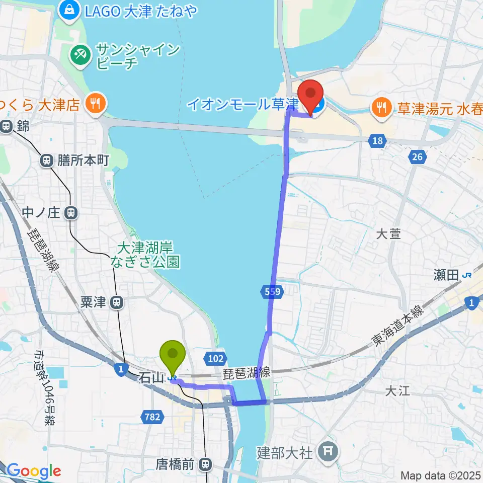 石山駅からJEUGIAカルチャーセンター イオンモール草津へのルートマップ地図