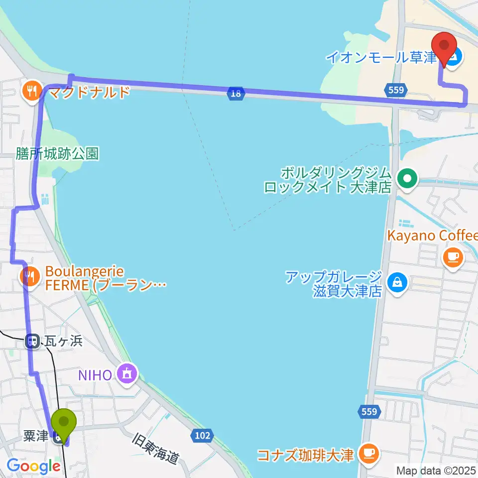 粟津駅からJEUGIAカルチャーセンター イオンモール草津へのルートマップ地図