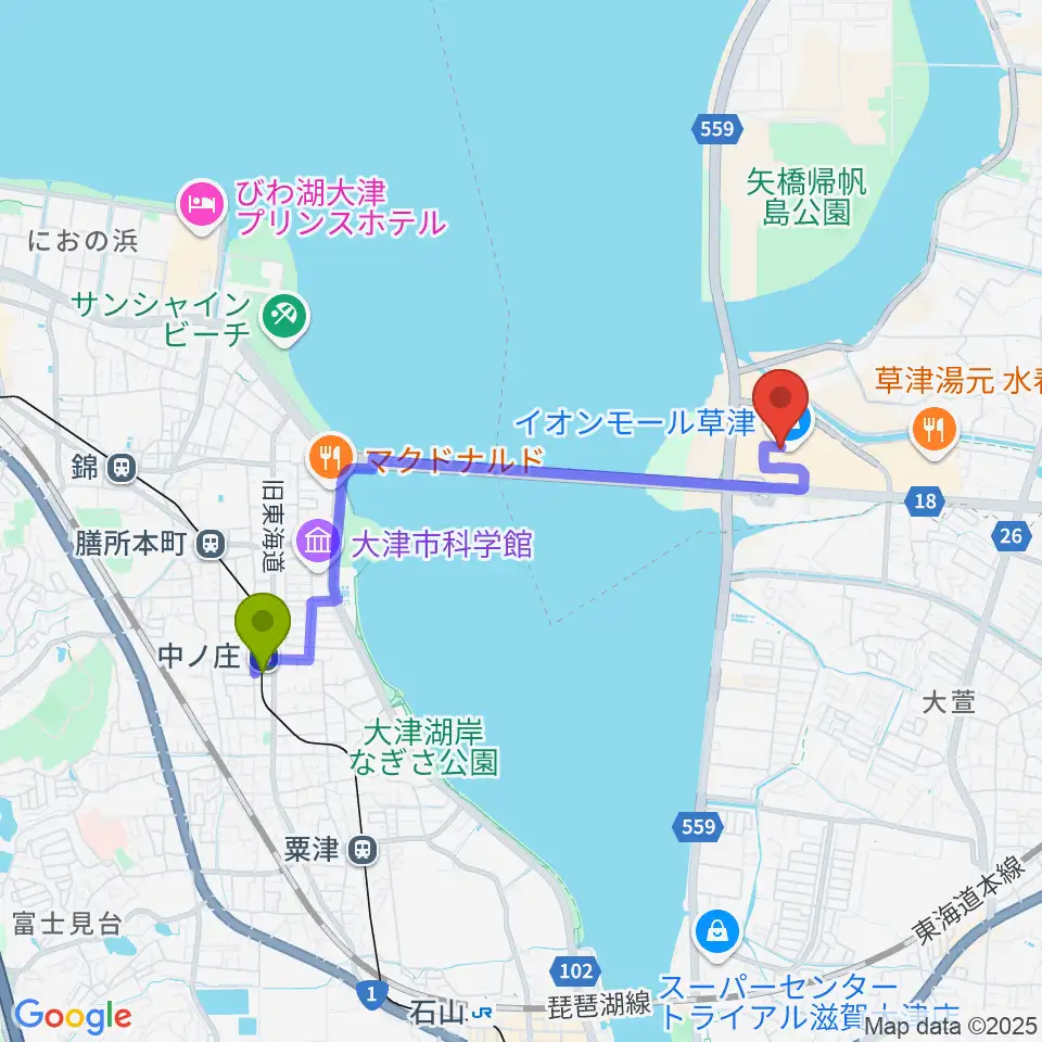 中ノ庄駅からJEUGIAカルチャーセンター イオンモール草津へのルートマップ地図