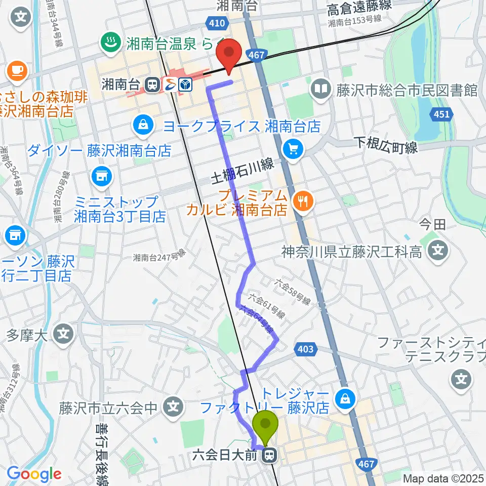 六会日大前駅から厚木楽器 アミ湘南台へのルートマップ地図