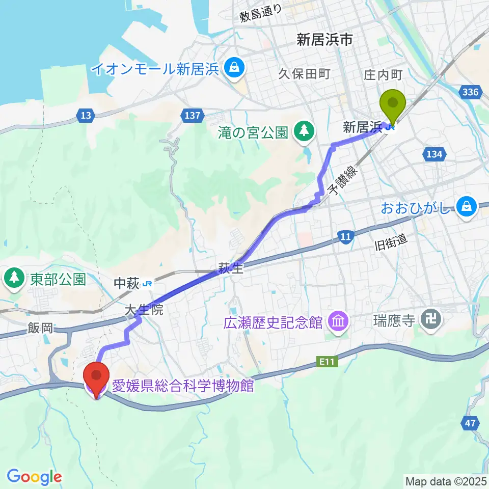 新居浜駅から愛媛県総合科学博物館へのルートマップ地図