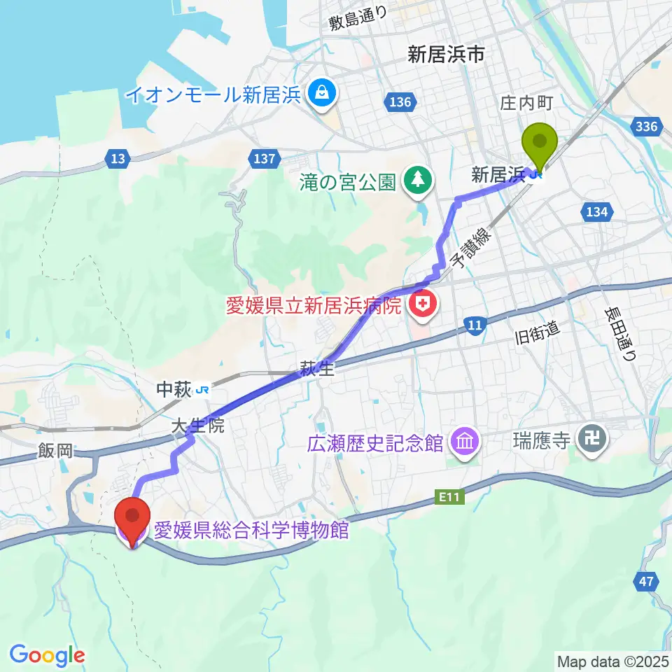 新居浜駅から愛媛県総合科学博物館へのルートマップ地図