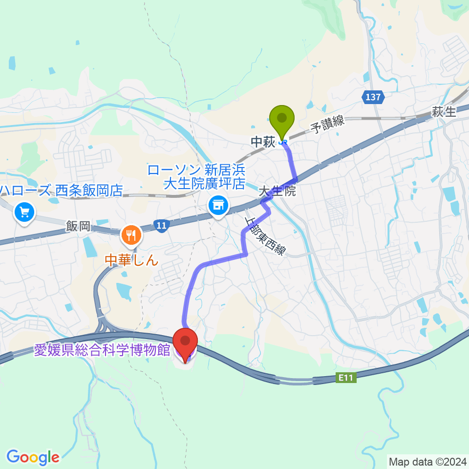 愛媛県総合科学博物館の最寄駅中萩駅からの徒歩ルート（約33分）地図