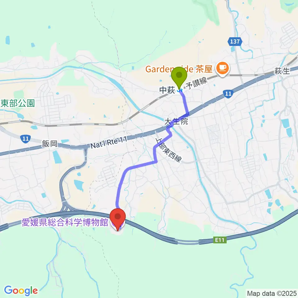 愛媛県総合科学博物館の最寄駅中萩駅からの徒歩ルート（約33分）地図