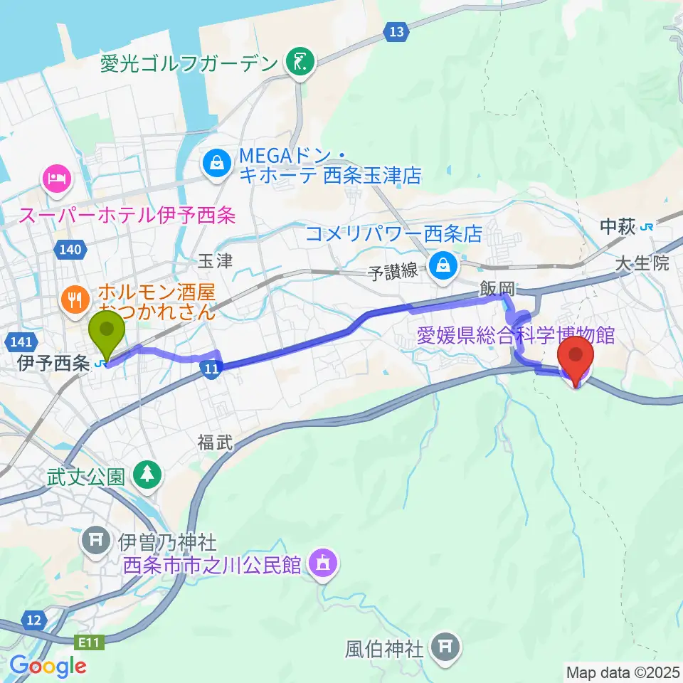 伊予西条駅から愛媛県総合科学博物館へのルートマップ地図