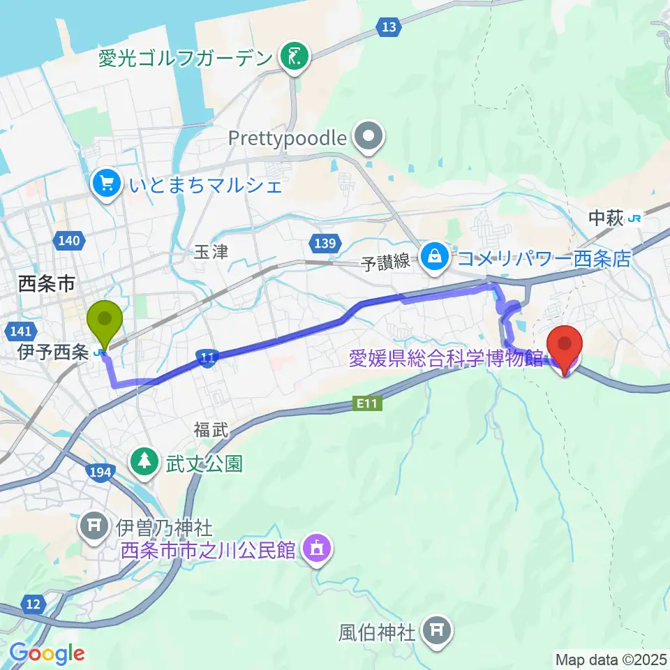 伊予西条駅から愛媛県総合科学博物館へのルートマップ地図