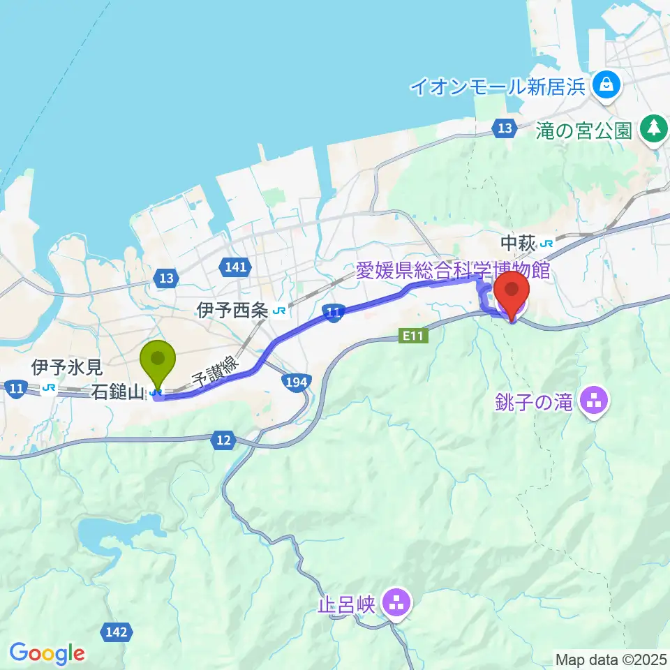 石鎚山駅から愛媛県総合科学博物館へのルートマップ地図