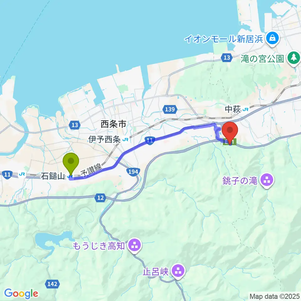 石鎚山駅から愛媛県総合科学博物館へのルートマップ地図