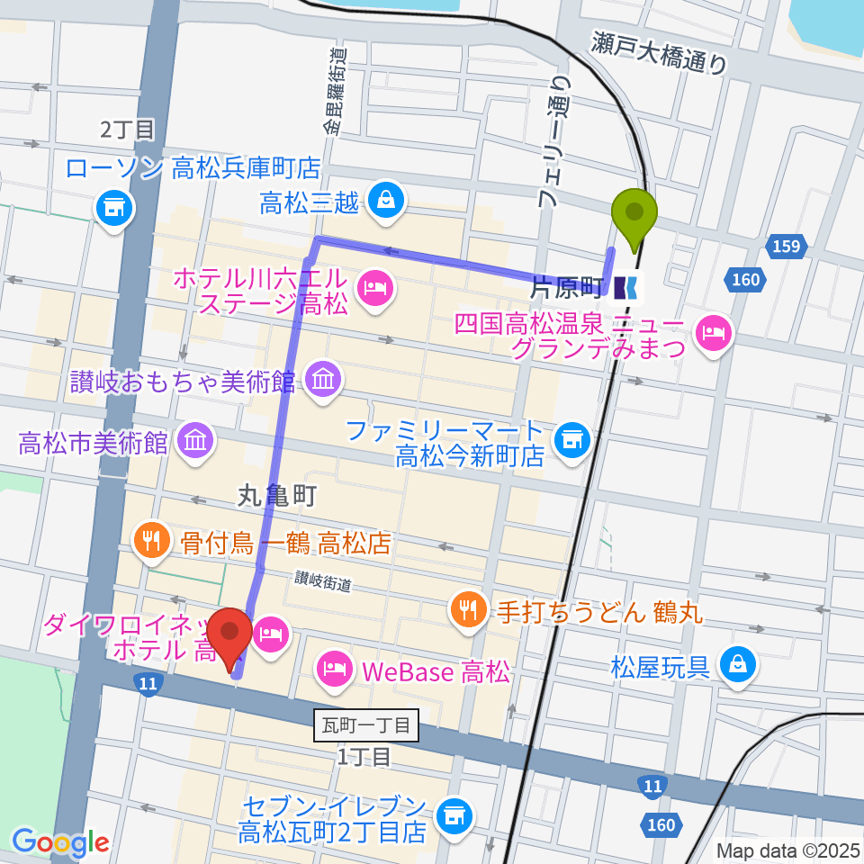 片原町駅からタワーレコード 高松丸亀町店へのルートマップ地図