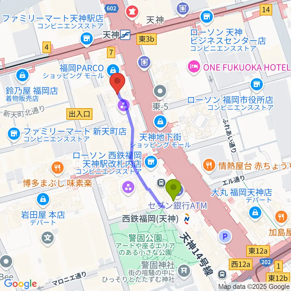 西鉄福岡（天神）駅からタワーレコード 福岡パルコ店へのルートマップ地図