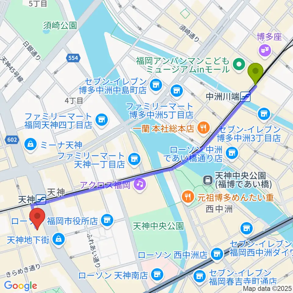 中洲川端駅からタワーレコード 福岡パルコ店へのルートマップ地図