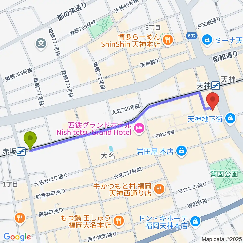 赤坂駅からタワーレコード 福岡パルコ店へのルートマップ地図