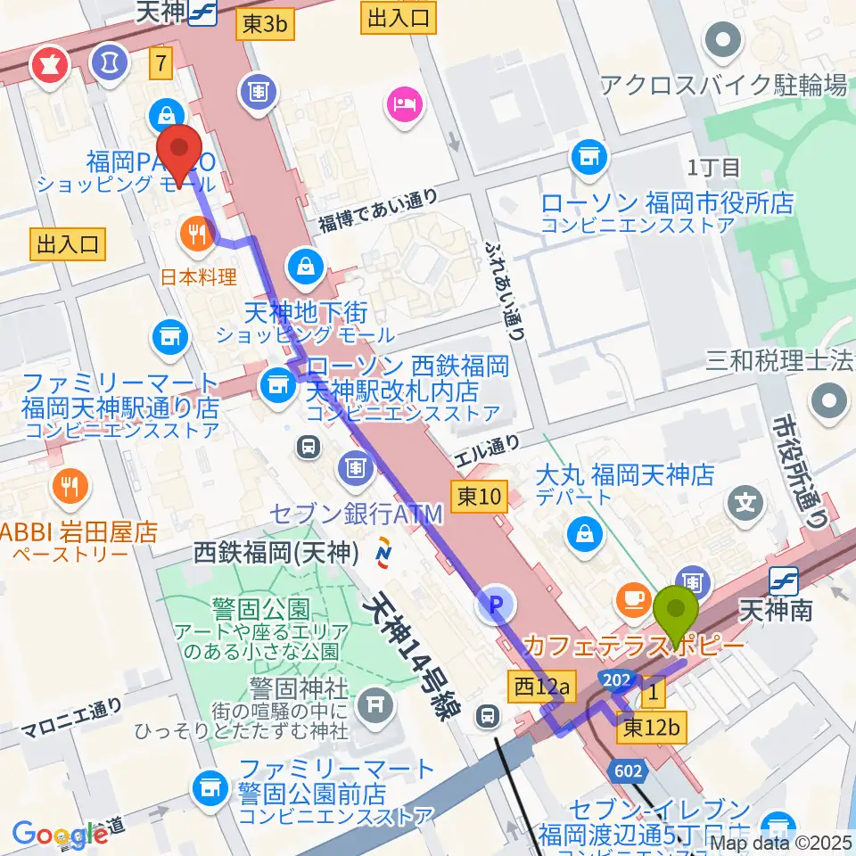 天神南駅からタワーレコード 福岡パルコ店へのルートマップ地図