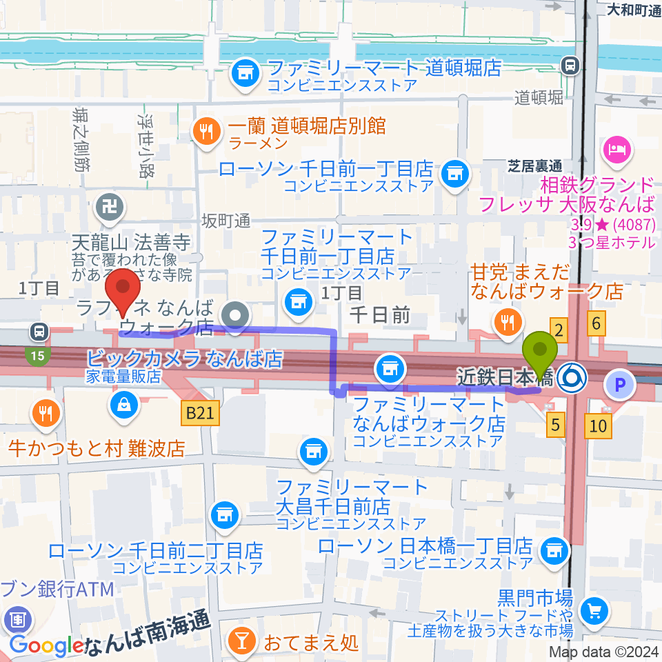 アイオンボーカル教室の最寄駅近鉄日本橋駅からの徒歩ルート（約5分）地図