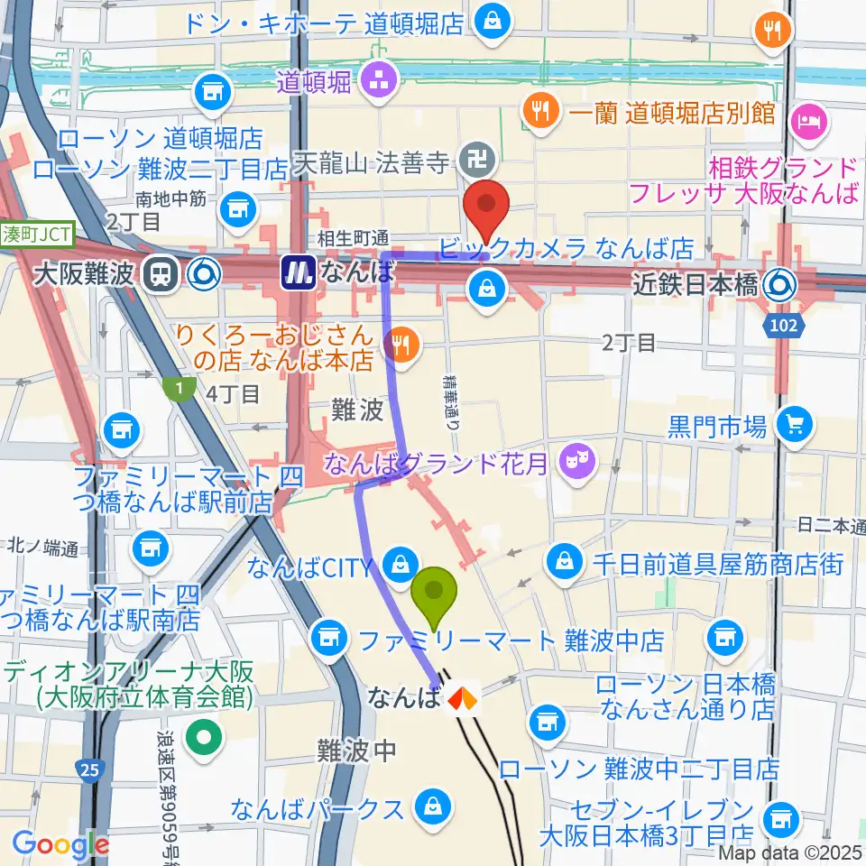 難波駅からアイオンボーカル教室へのルートマップ地図