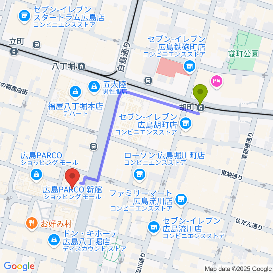 胡町駅からタワーレコード 広島店へのルートマップ地図