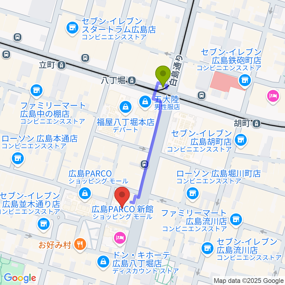 タワーレコード 広島店の最寄駅八丁堀駅からの徒歩ルート（約4分）地図