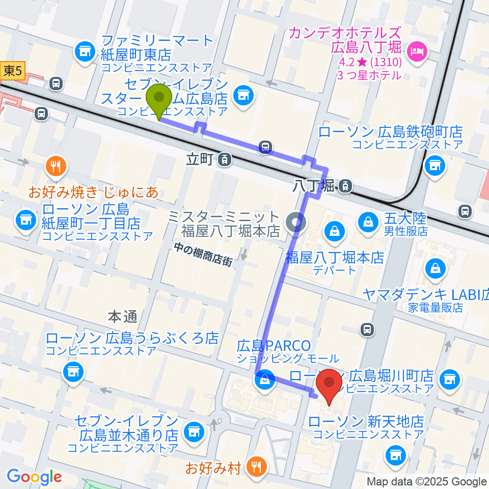 立町駅からタワーレコード 広島店へのルートマップ地図