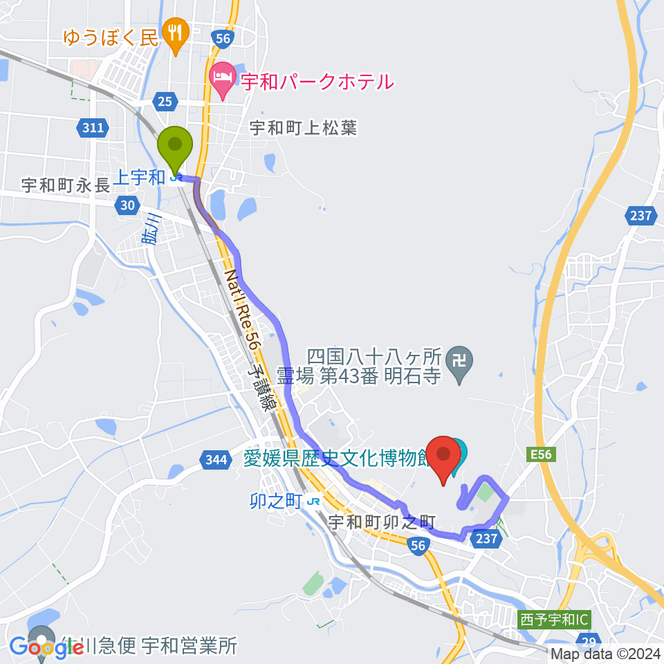 上宇和駅から愛媛県歴史文化博物館へのルートマップ地図