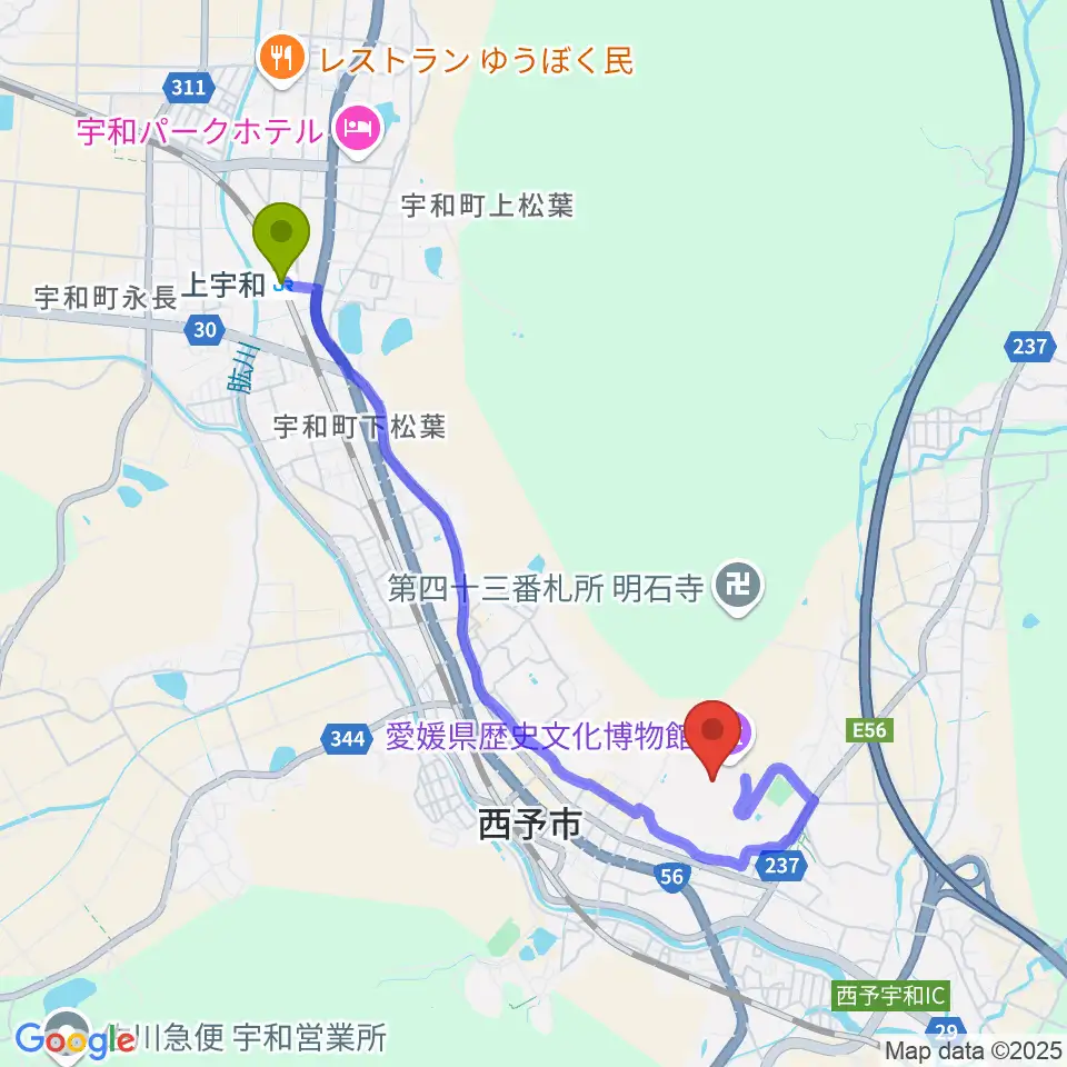 上宇和駅から愛媛県歴史文化博物館へのルートマップ地図