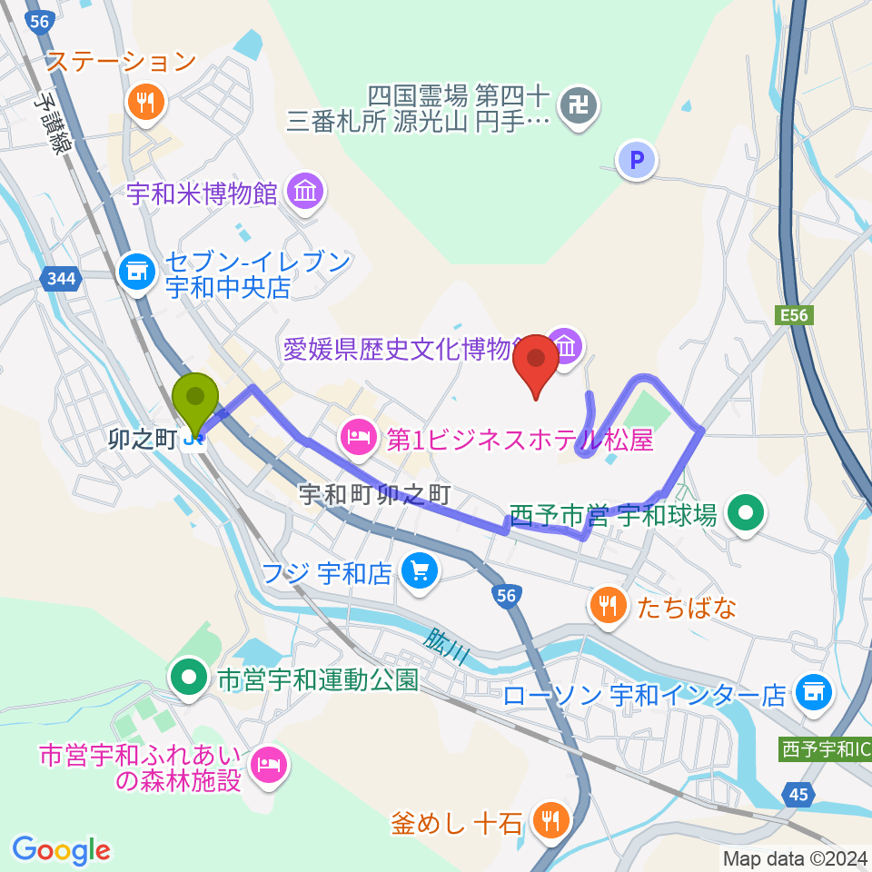 愛媛県歴史文化博物館の最寄駅卯之町駅からの徒歩ルート（約13分）地図