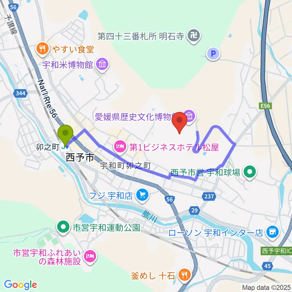 愛媛県歴史文化博物館の最寄駅卯之町駅からの徒歩ルート（約13分）地図