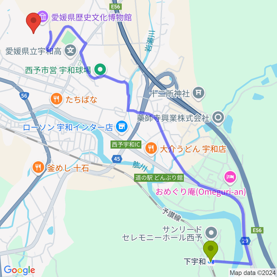 下宇和駅から愛媛県歴史文化博物館へのルートマップ地図