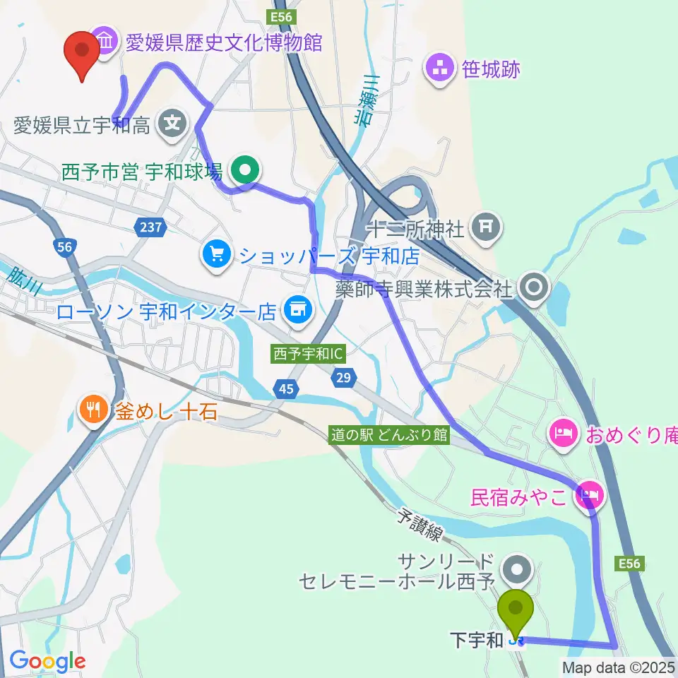 下宇和駅から愛媛県歴史文化博物館へのルートマップ地図