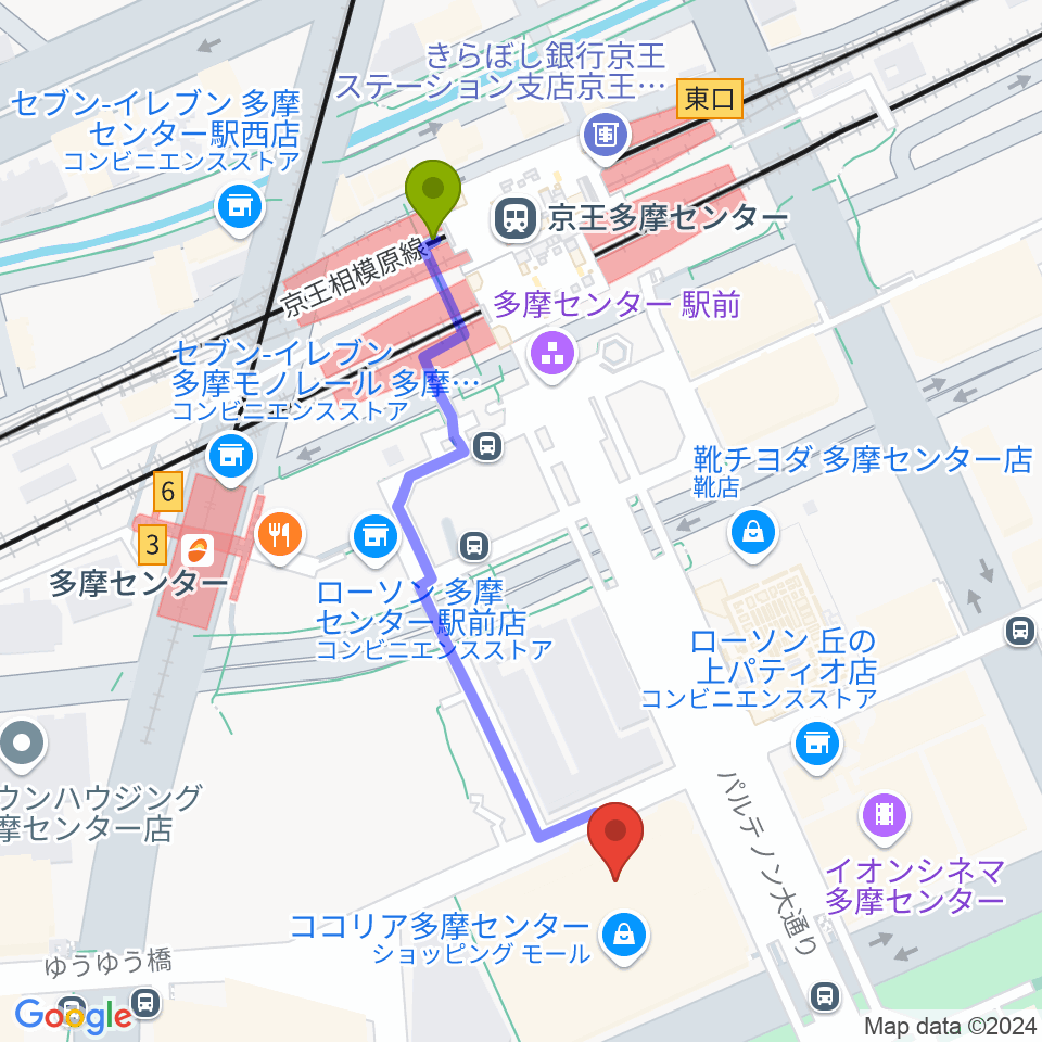 JEUGIAカルチャーセンター多摩センターの最寄駅京王多摩センター駅からの徒歩ルート（約5分）地図