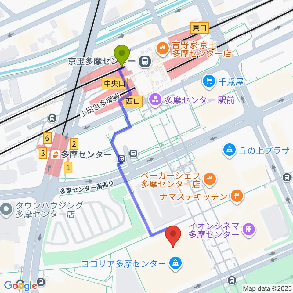 JEUGIAカルチャーセンター多摩センターの最寄駅京王多摩センター駅からの徒歩ルート（約5分）地図