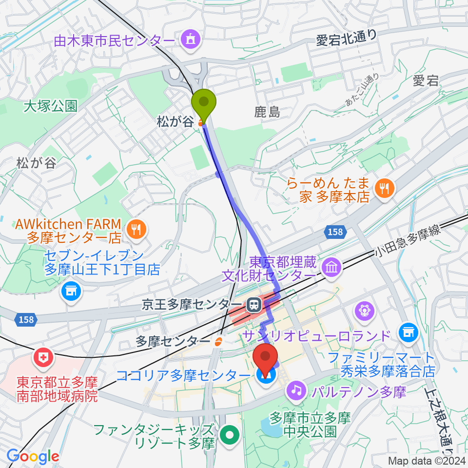 松が谷駅からJEUGIAカルチャーセンター多摩センターへのルートマップ地図