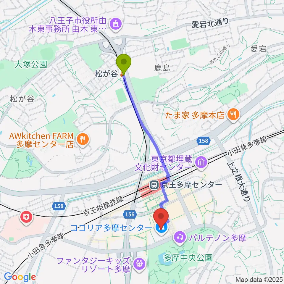 松が谷駅からJEUGIAカルチャーセンター多摩センターへのルートマップ地図