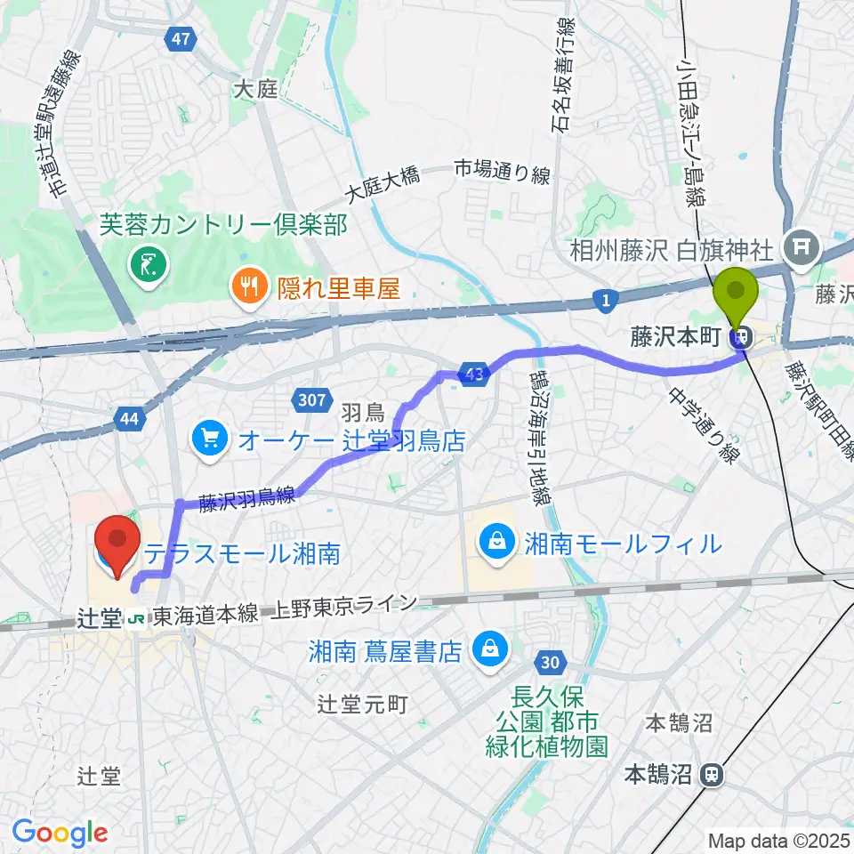 藤沢本町駅からJEUGIAカルチャーセンター テラスモール湘南へのルートマップ地図