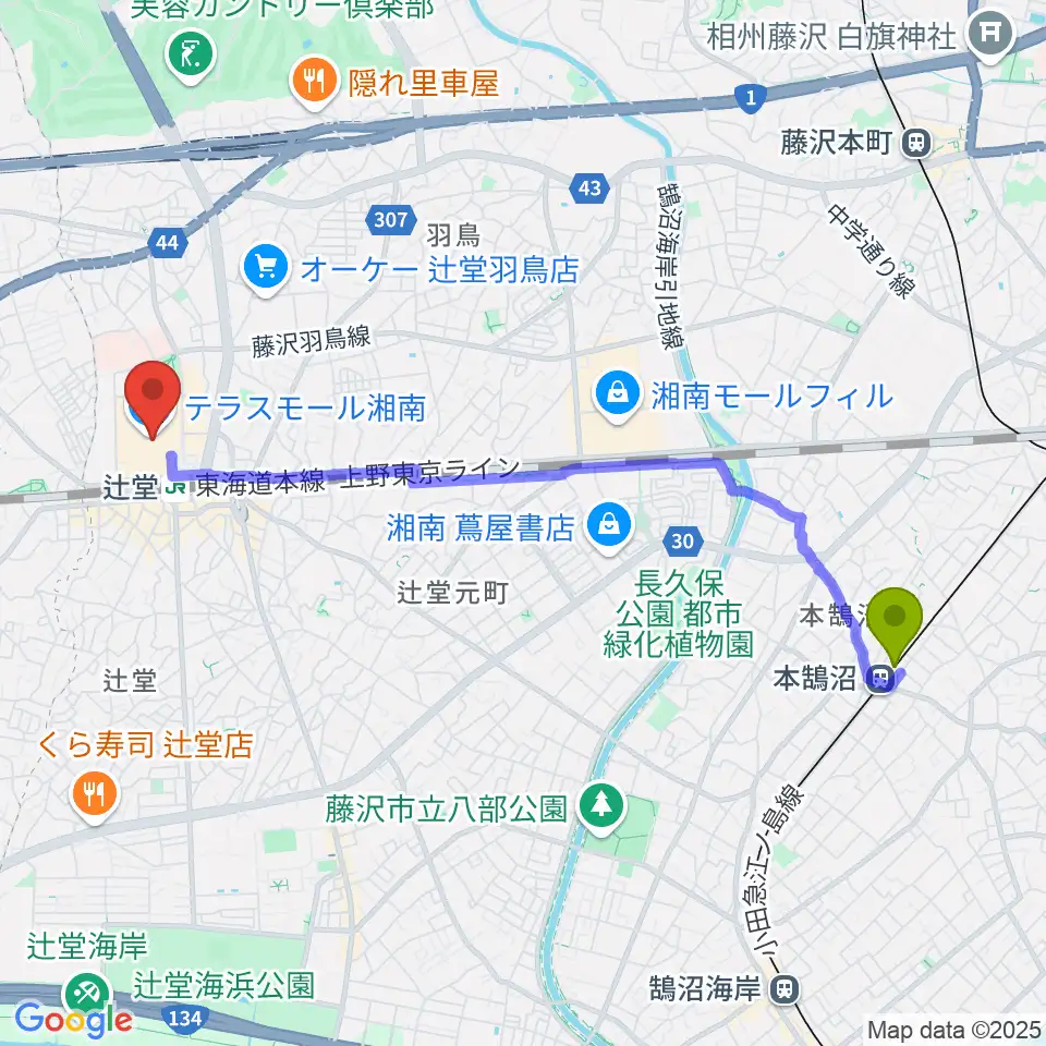 本鵠沼駅からJEUGIAカルチャーセンター テラスモール湘南へのルートマップ地図