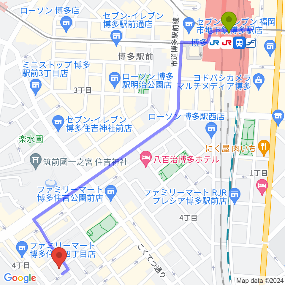 博多駅からTune the Voiceへのルートマップ地図