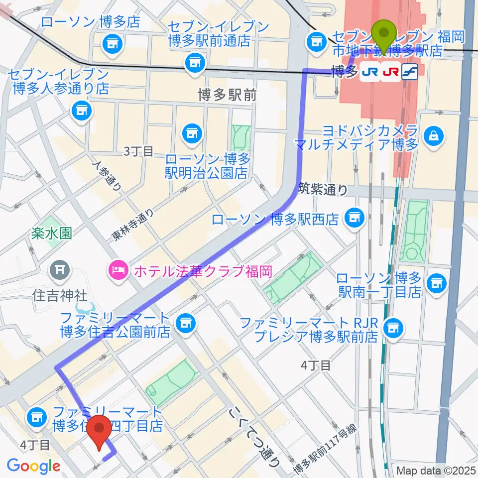 博多駅からTune the Voiceへのルートマップ地図