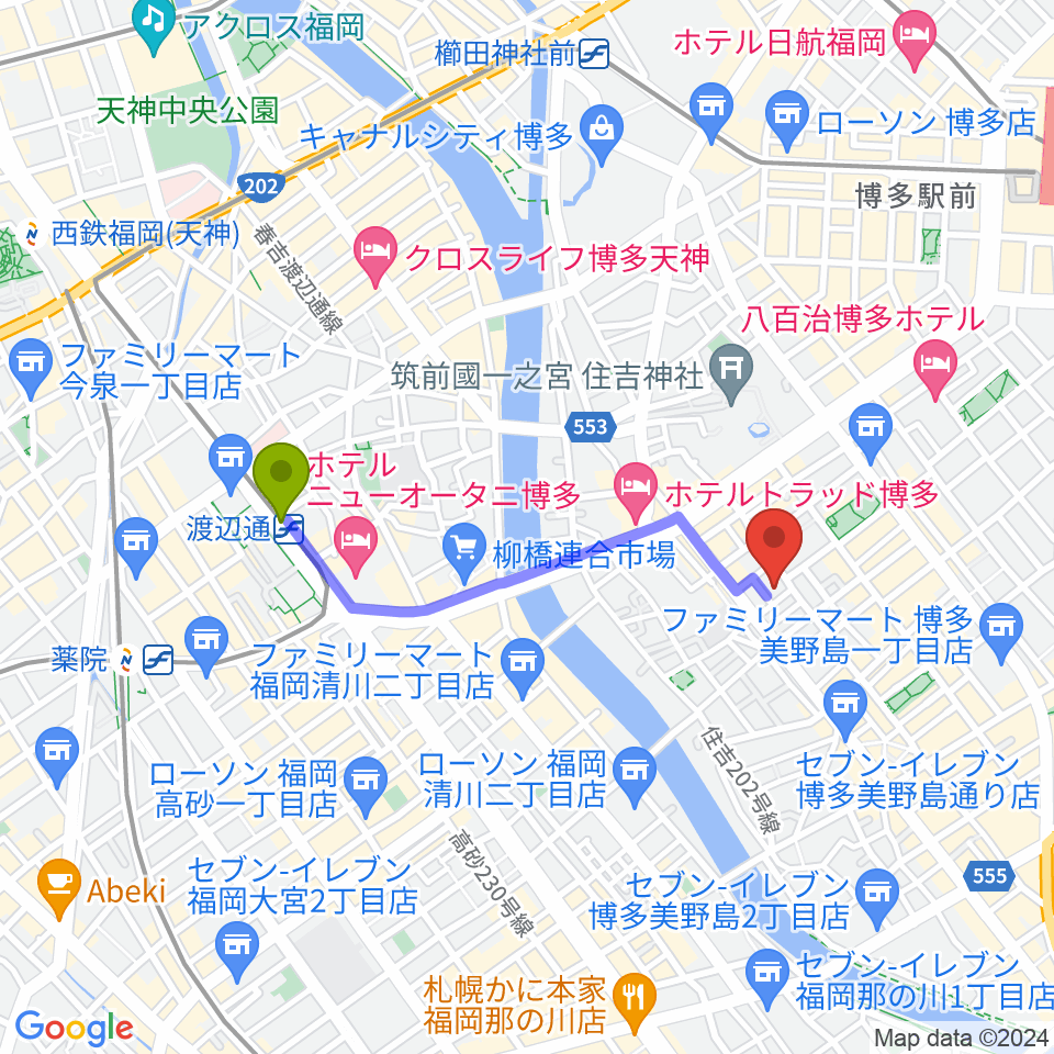 Tune the Voiceの最寄駅渡辺通駅からの徒歩ルート（約15分）地図